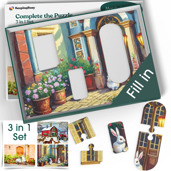 complete the puzzle 3 in 1 set by filling in the large pieces